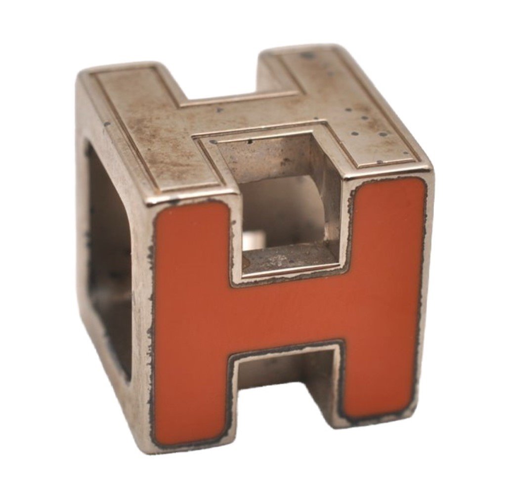 Authentic HERMES Cage De Ash H Cube Pendant Necklace Silver Orange Junk 4349J