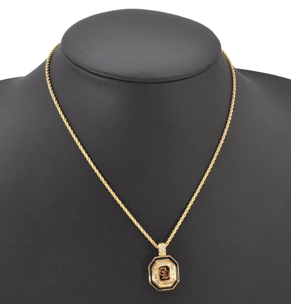 Authentic Christian Dior Gold Tone Chain Rhinestone Pendant Necklace CD 4351K