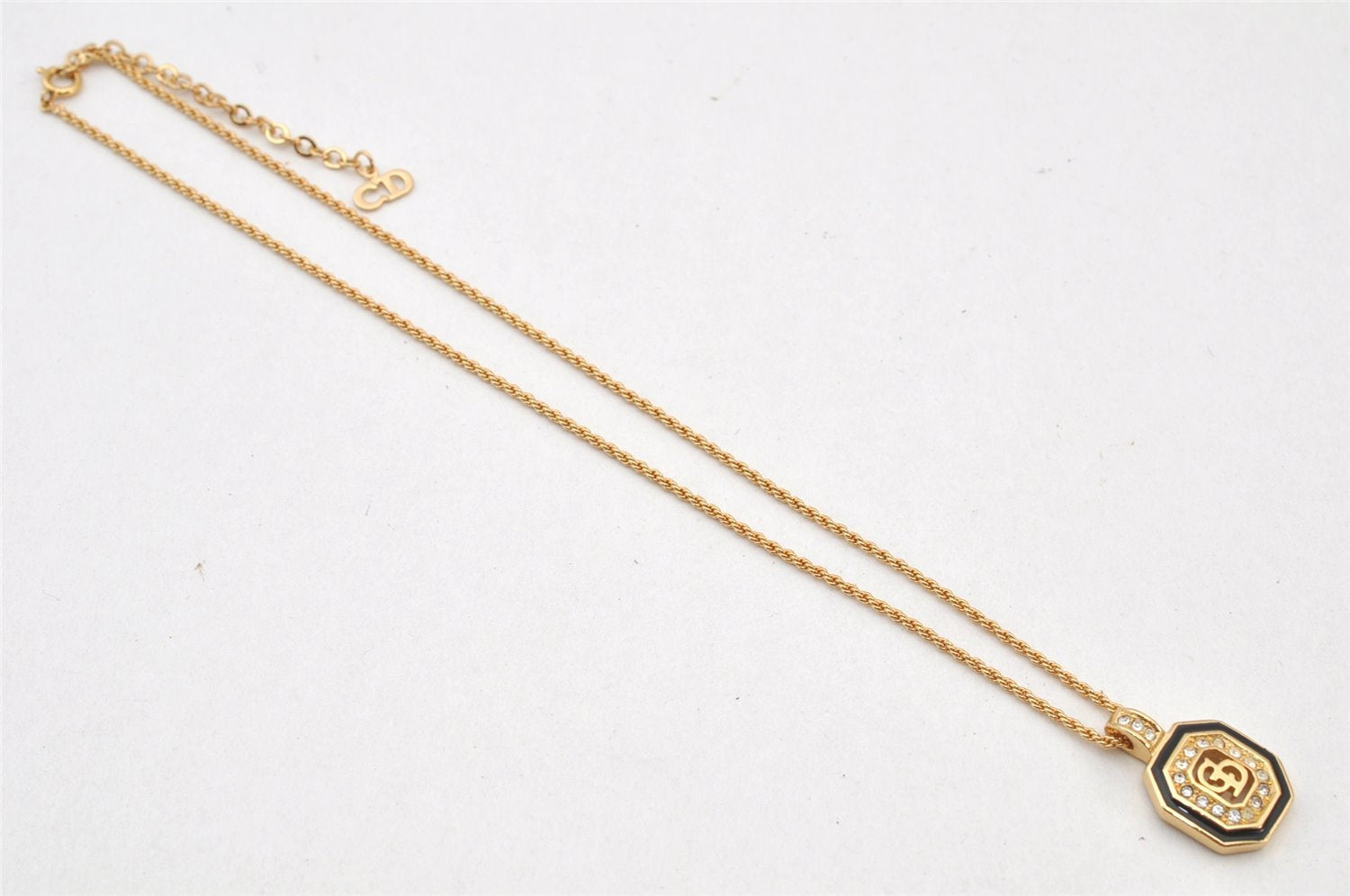 Authentic Christian Dior Gold Tone Chain Rhinestone Pendant Necklace CD 4351K