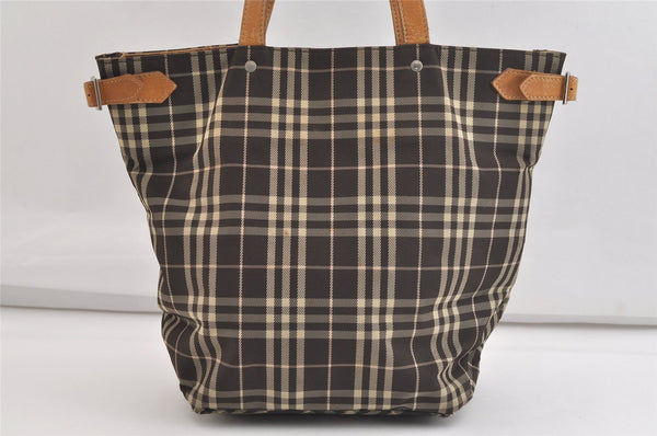 Authentic BURBERRY BLUE LABEL Check Shoulder Tote Bag Nylon Leather Brown 4356K