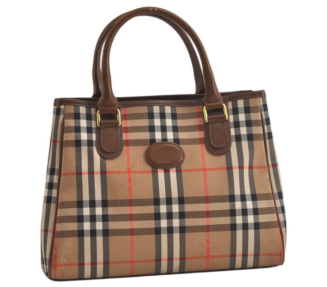 Authentic Burberrys Nova Check Canvas Leather Hand Bag Brown Beige 4363K