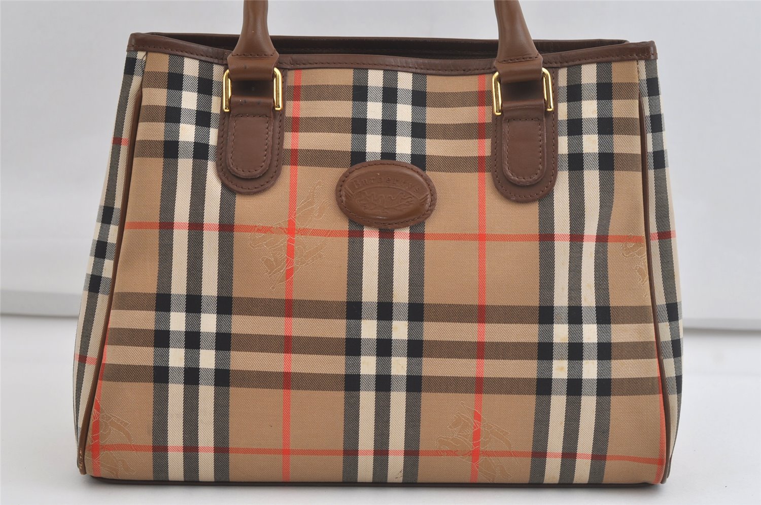 Authentic Burberrys Nova Check Canvas Leather Hand Bag Brown Beige 4363K