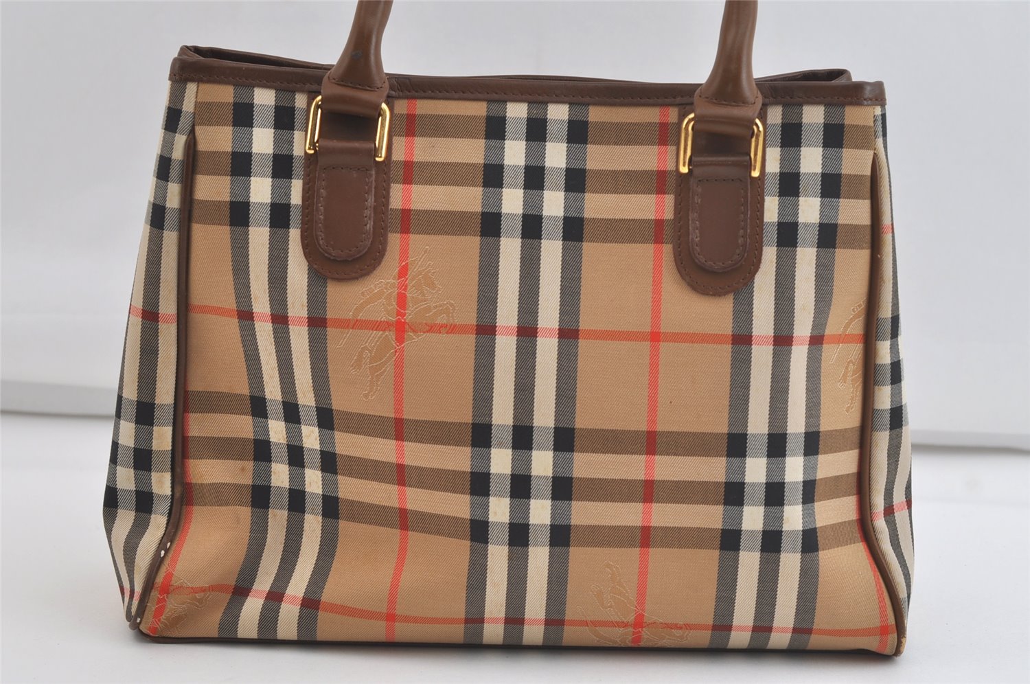 Authentic Burberrys Nova Check Canvas Leather Hand Bag Brown Beige 4363K