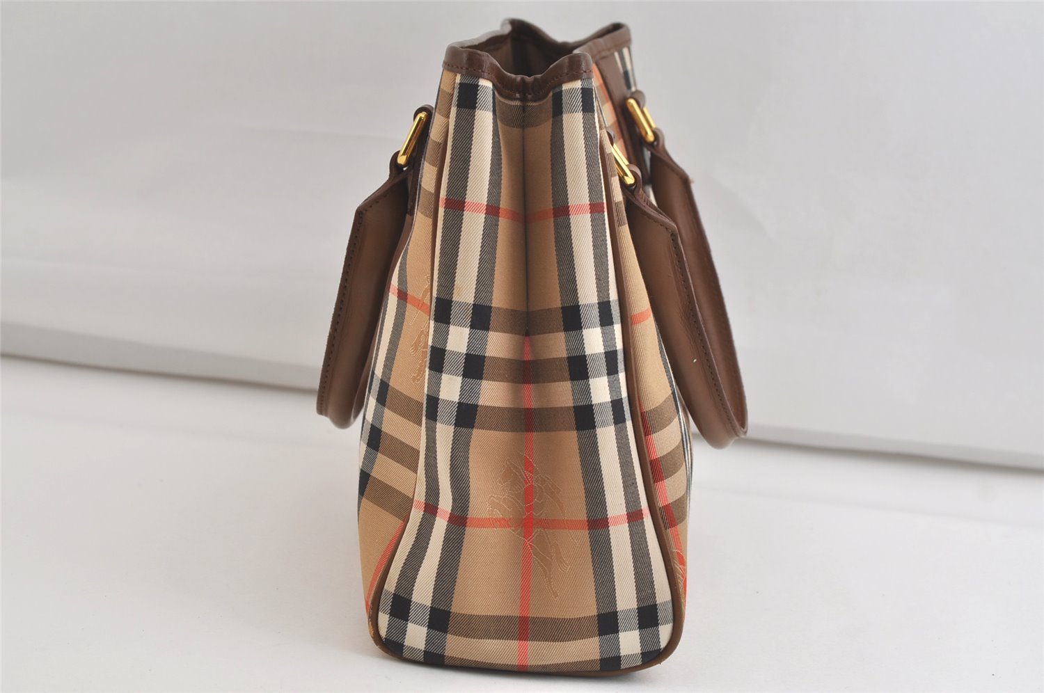 Authentic Burberrys Nova Check Canvas Leather Hand Bag Brown Beige 4363K