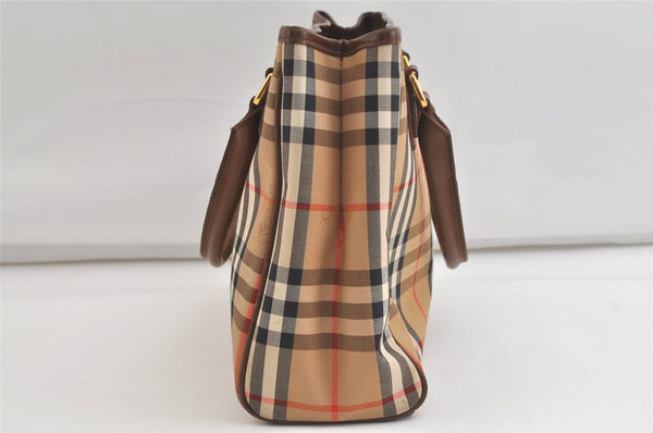 Authentic Burberrys Nova Check Canvas Leather Hand Bag Brown Beige 4363K