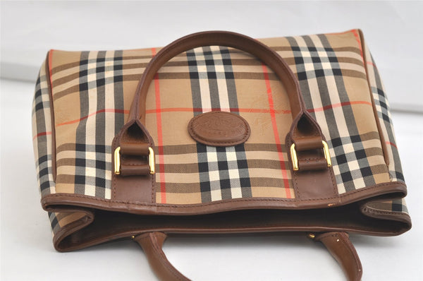 Authentic Burberrys Nova Check Canvas Leather Hand Bag Brown Beige 4363K