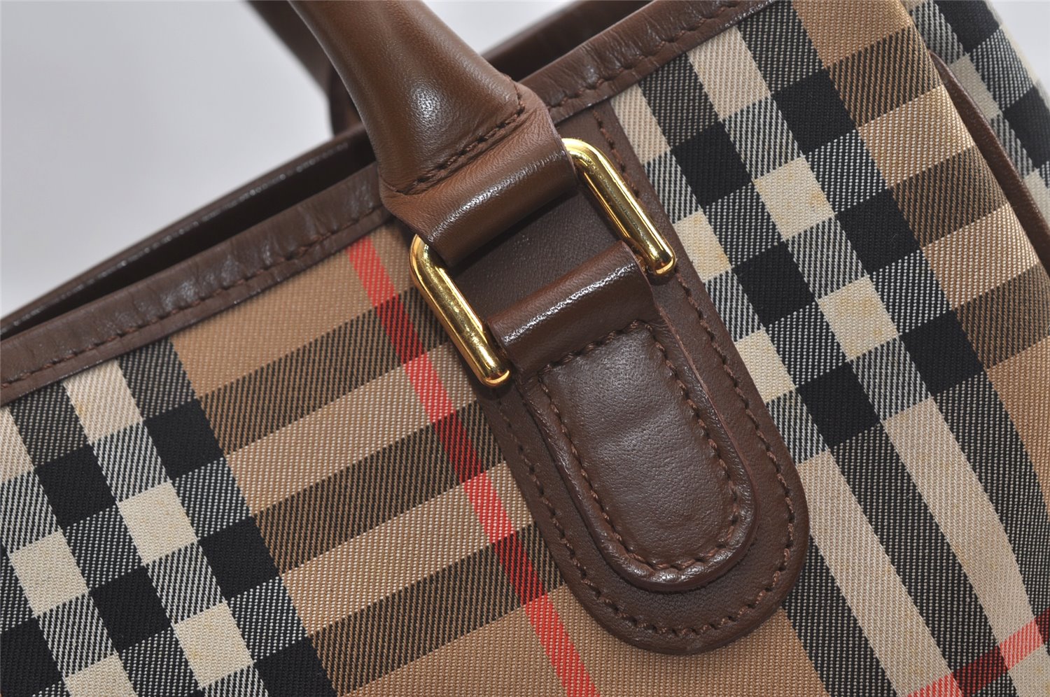 Authentic Burberrys Nova Check Canvas Leather Hand Bag Brown Beige 4363K