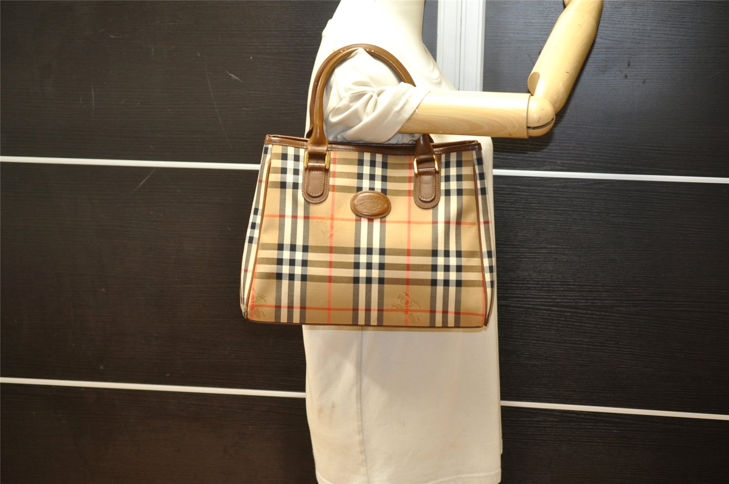 Authentic Burberrys Nova Check Canvas Leather Hand Bag Brown Beige 4363K