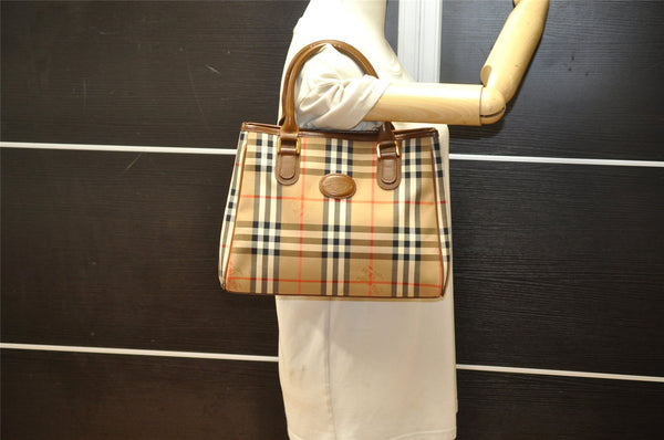 Authentic Burberrys Nova Check Canvas Leather Hand Bag Brown Beige 4363K