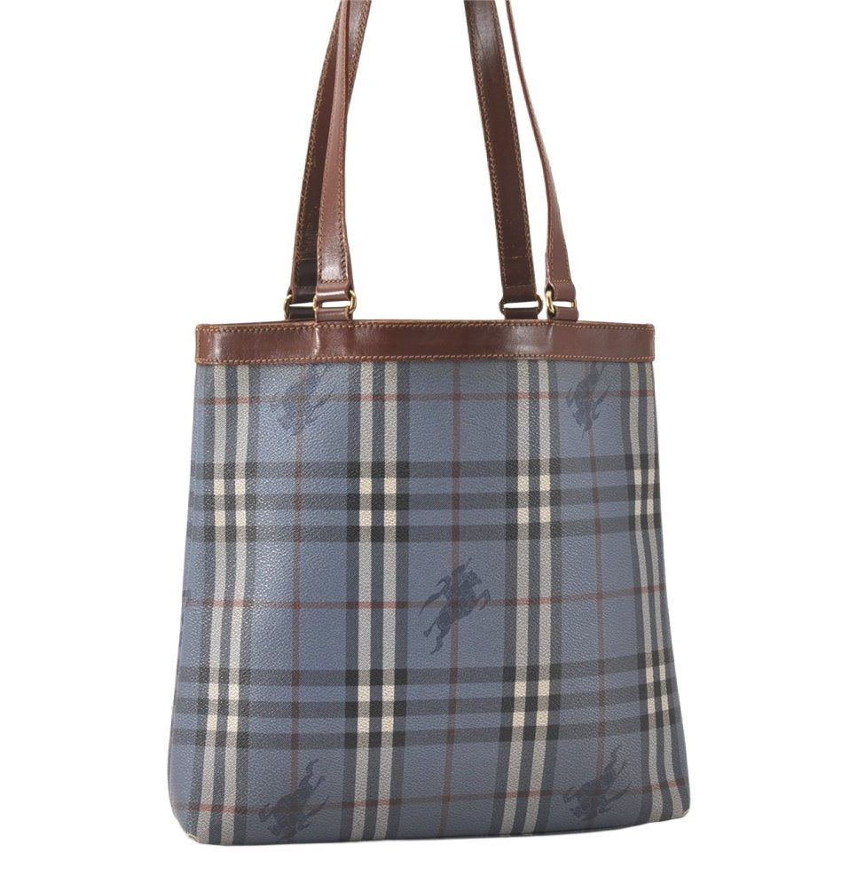 Authentic Burberrys Vintage Check Shoulder Tote Bag PVC Leather Blue 4364K