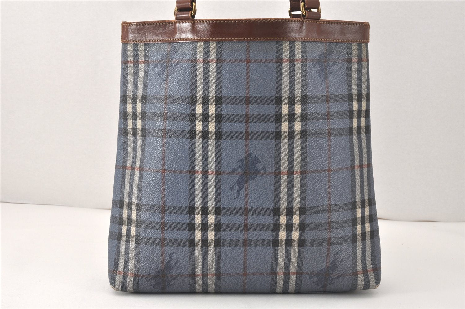 Authentic Burberrys Vintage Check Shoulder Tote Bag PVC Leather Blue 4364K