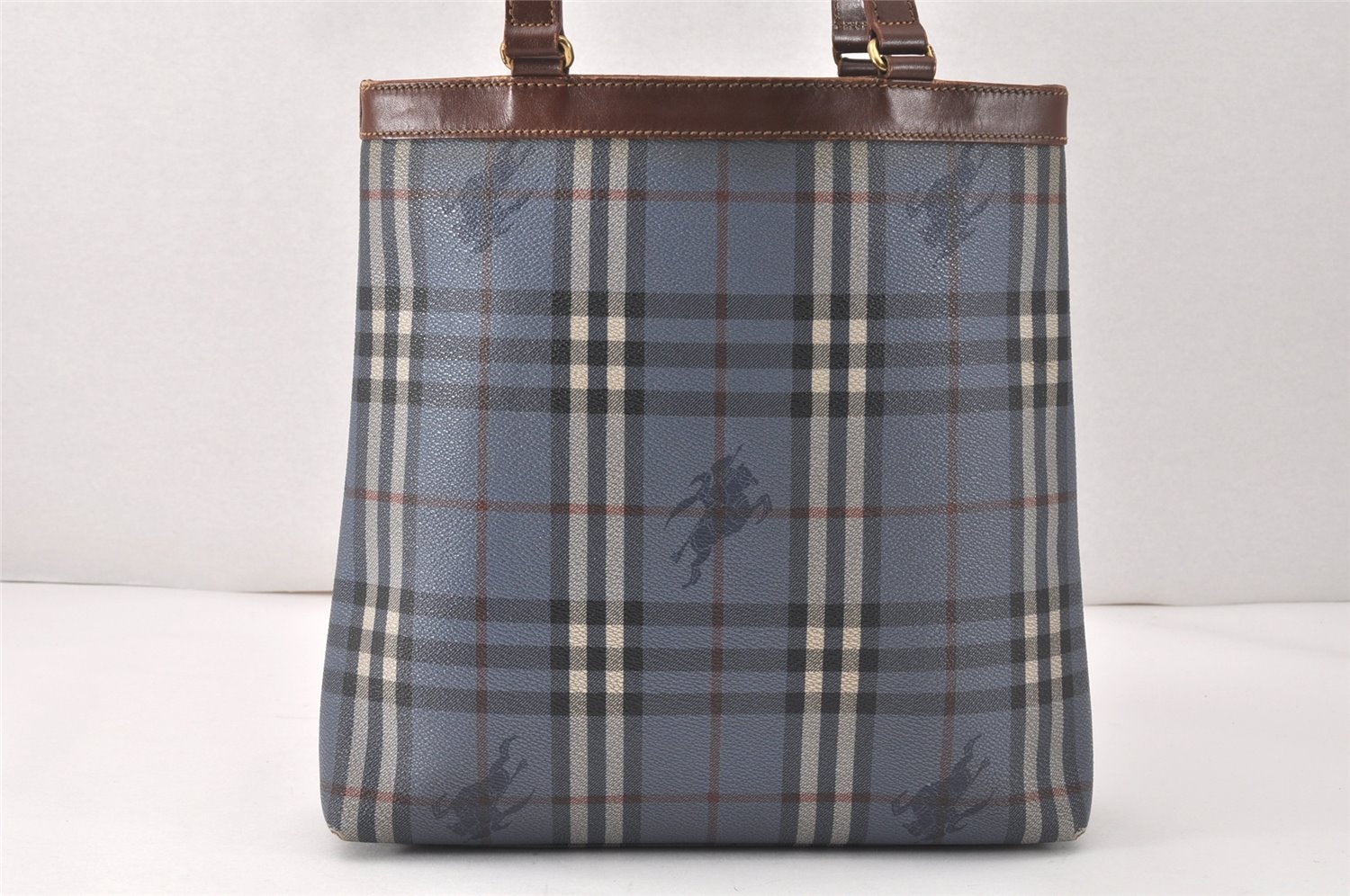 Authentic Burberrys Vintage Check Shoulder Tote Bag PVC Leather Blue 4364K