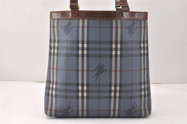 Authentic Burberrys Vintage Check Shoulder Tote Bag PVC Leather Blue 4364K