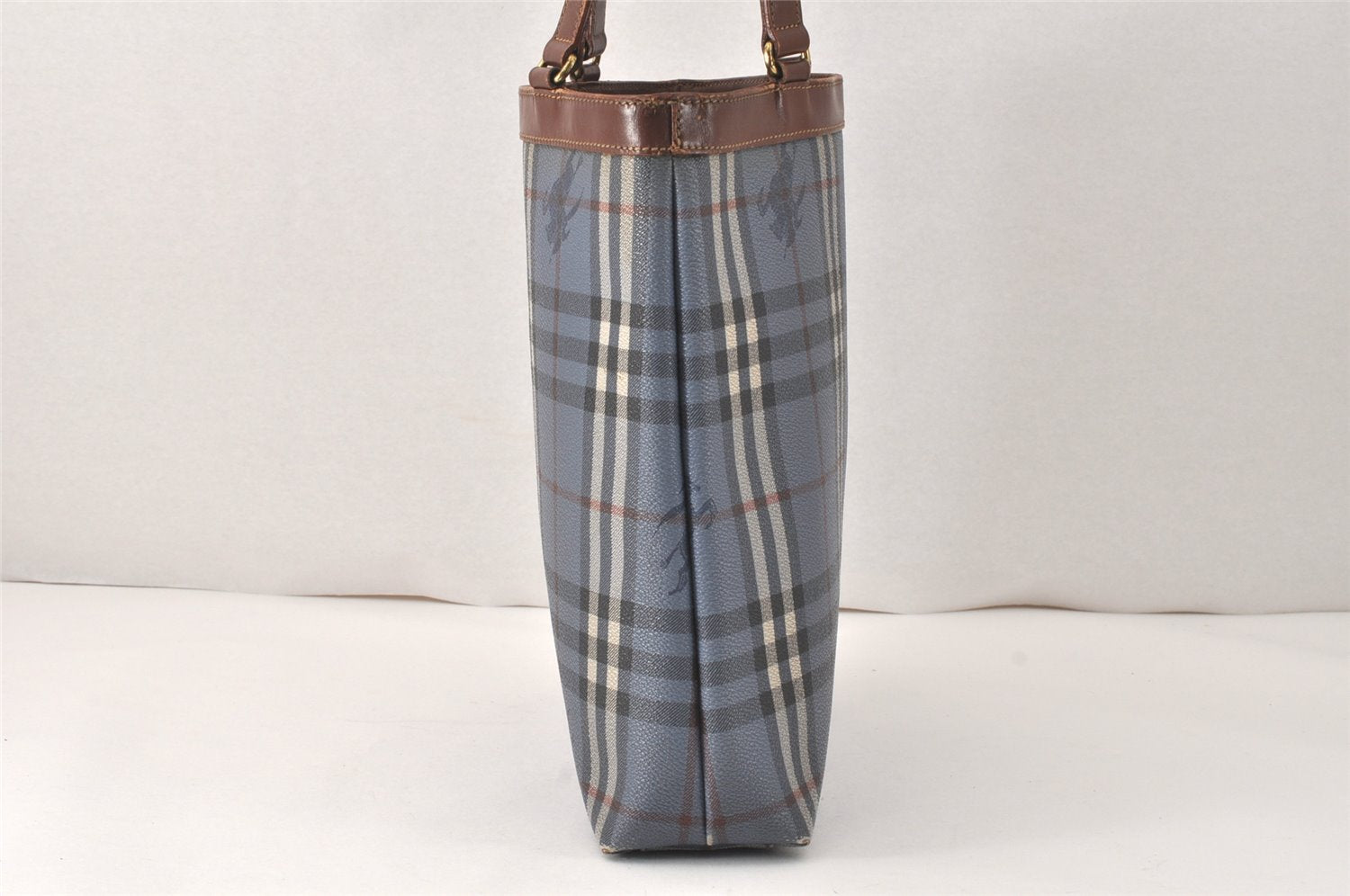 Authentic Burberrys Vintage Check Shoulder Tote Bag PVC Leather Blue 4364K