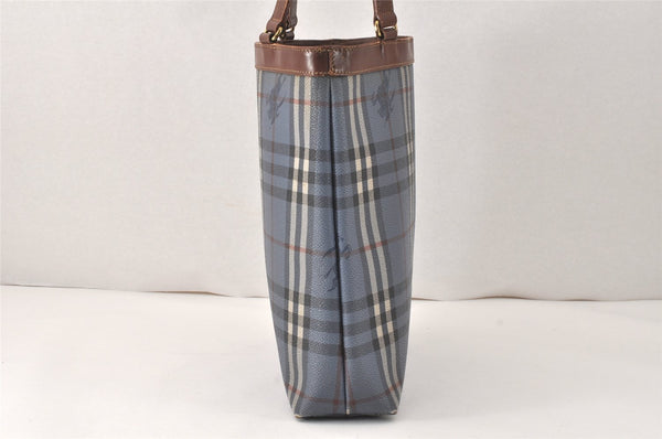 Authentic Burberrys Vintage Check Shoulder Tote Bag PVC Leather Blue 4364K