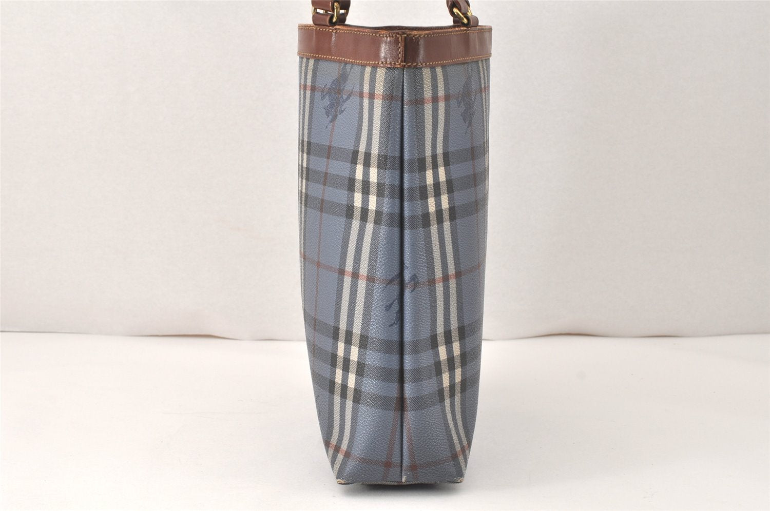 Authentic Burberrys Vintage Check Shoulder Tote Bag PVC Leather Blue 4364K