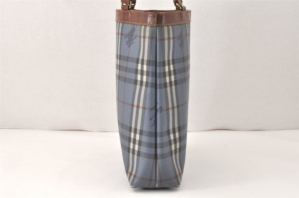 Authentic Burberrys Vintage Check Shoulder Tote Bag PVC Leather Blue 4364K