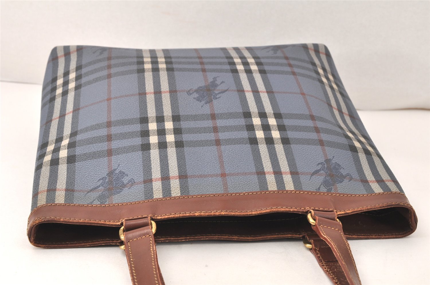 Authentic Burberrys Vintage Check Shoulder Tote Bag PVC Leather Blue 4364K