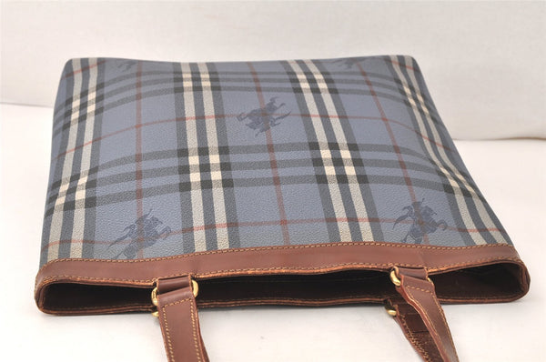 Authentic Burberrys Vintage Check Shoulder Tote Bag PVC Leather Blue 4364K