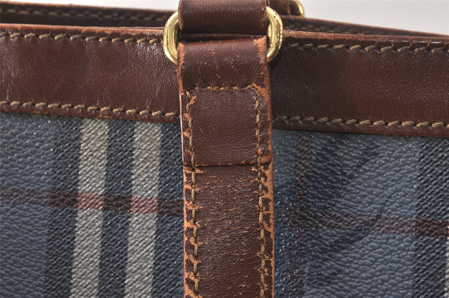 Authentic Burberrys Vintage Check Shoulder Tote Bag PVC Leather Blue 4364K