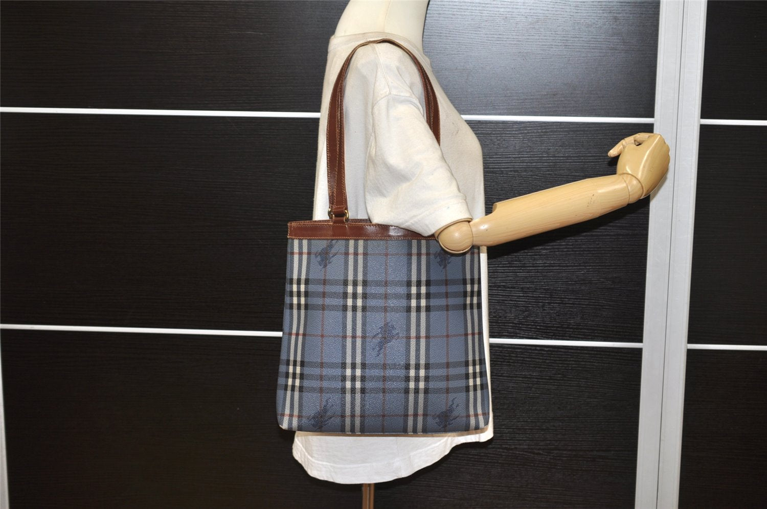 Authentic Burberrys Vintage Check Shoulder Tote Bag PVC Leather Blue 4364K