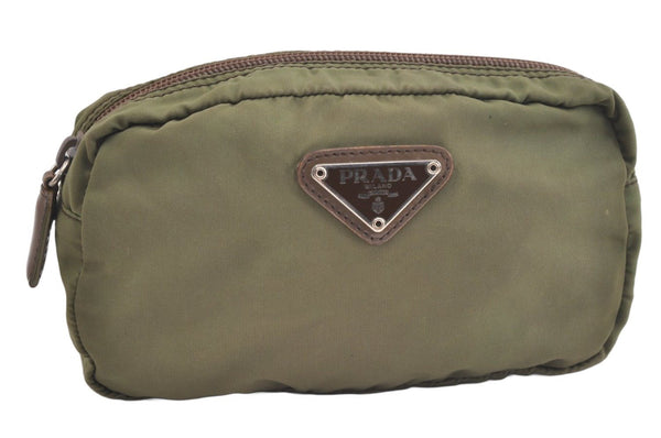 Authentic PRADA Vintage Nylon Tessuto Leather Pouch Purse Khaki Green 4367K