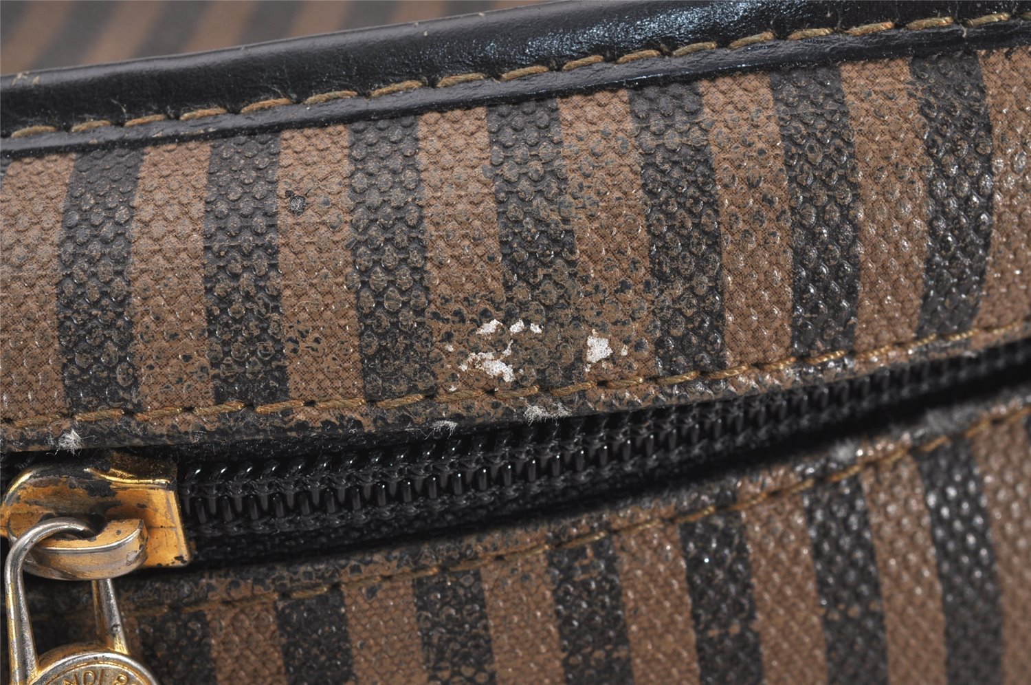 Authentic FENDI Pequin 2Way Vanity Hand Bag PVC Leather Brown Black 4373J