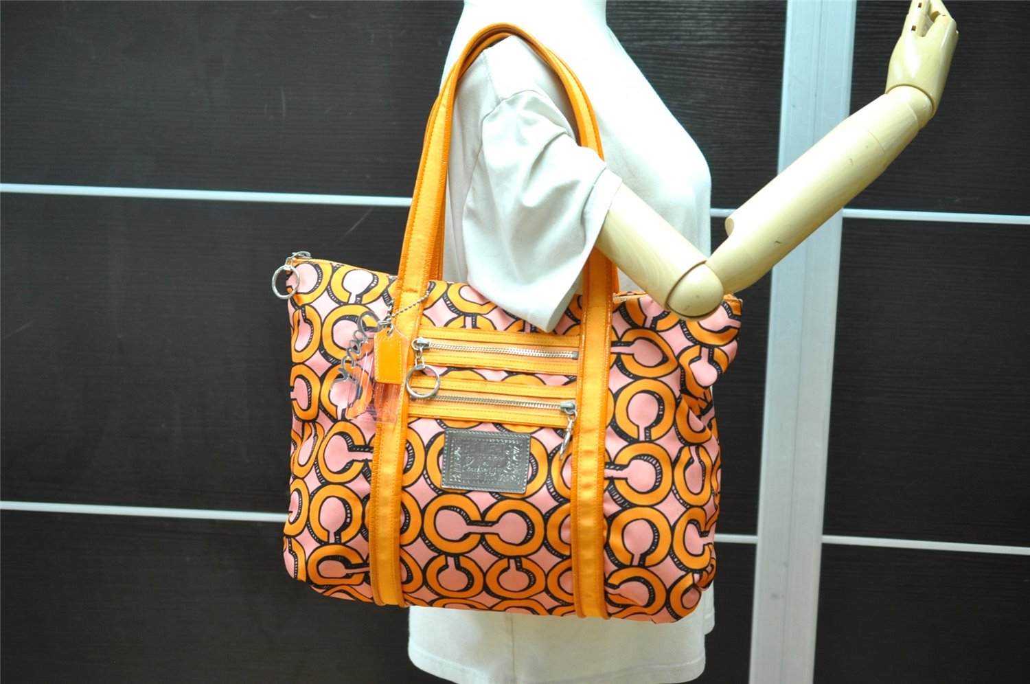 Auth COACH 3D Op Artgram POPPY Tote Bag Canvas Enamel 14983 Pink Orange 4373K