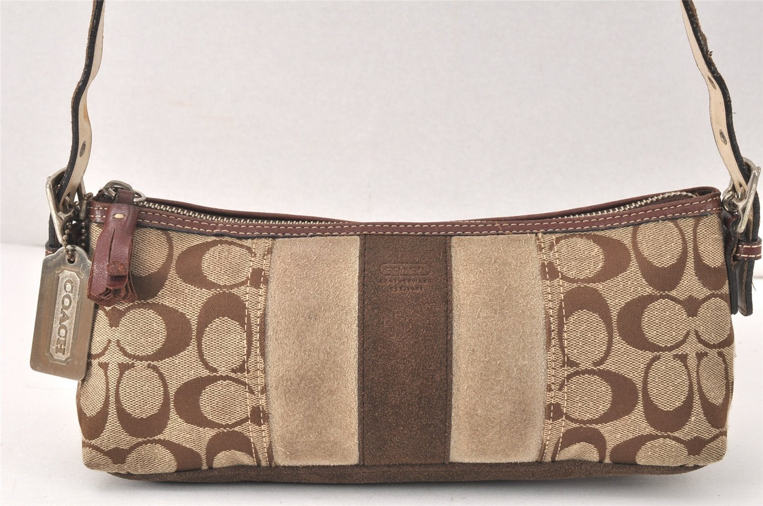 Authentic COACH Signature Shoulder Hand Bag Canvas Suede Leather Brown 4375K