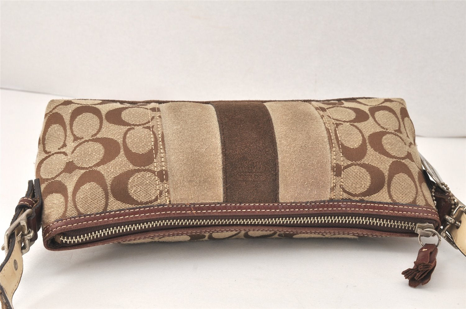 Authentic COACH Signature Shoulder Hand Bag Canvas Suede Leather Brown 4375K