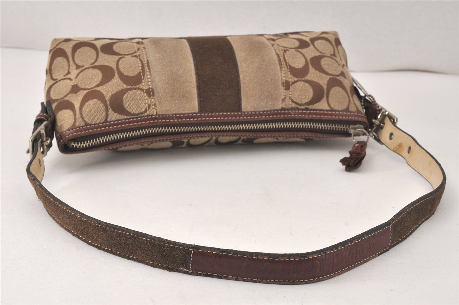 Authentic COACH Signature Shoulder Hand Bag Canvas Suede Leather Brown 4375K