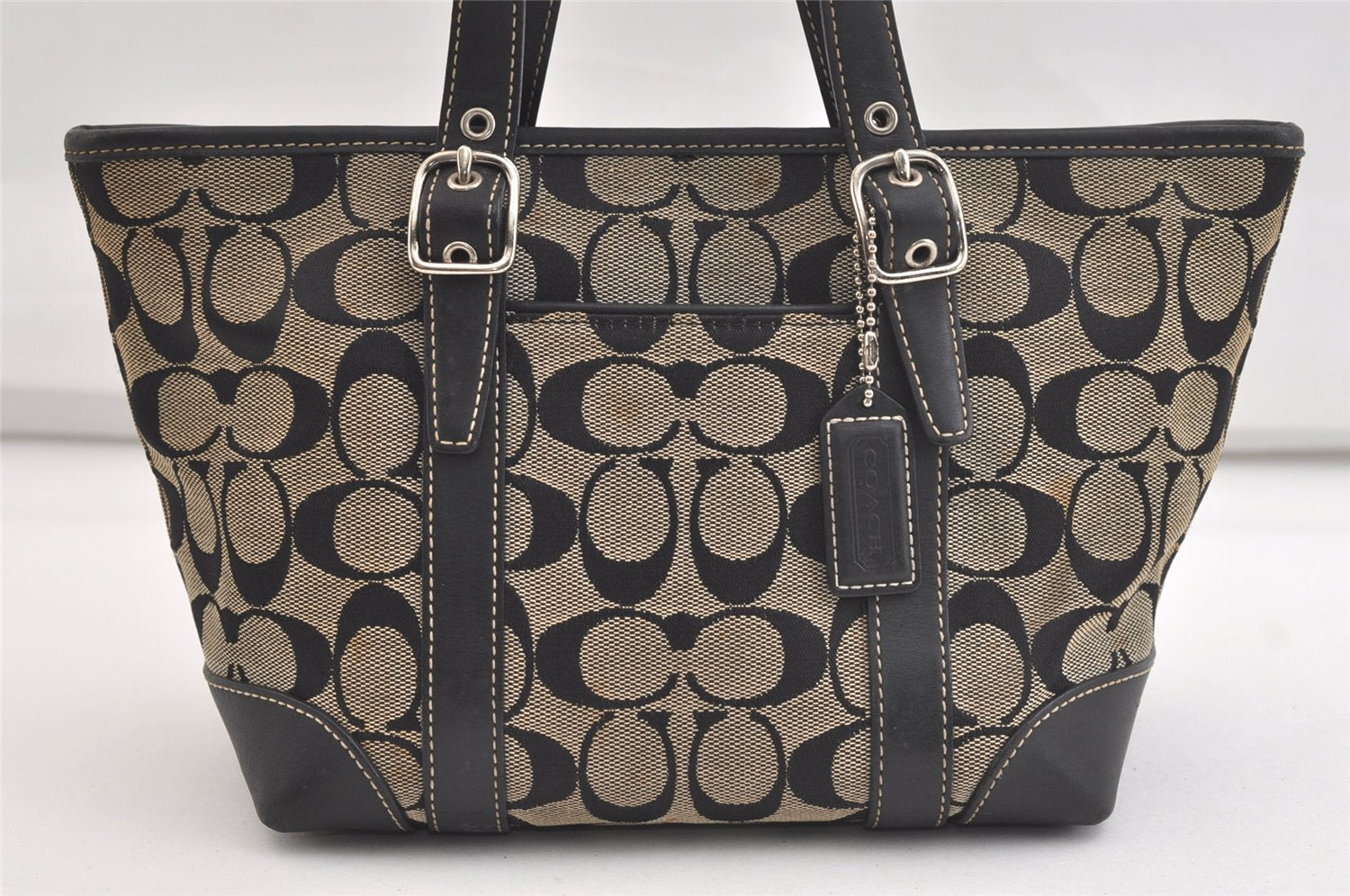 Authentic COACH Signature Hand Tote Bag Purse Canvas Leather 6043 Black 4376K