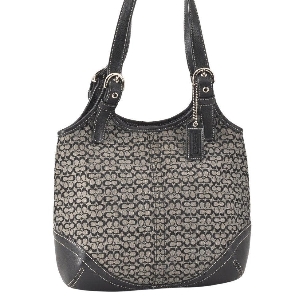 Authentic COACH Signature Shoulder Hand Bag Canvas Leather 7025 Black 4378K