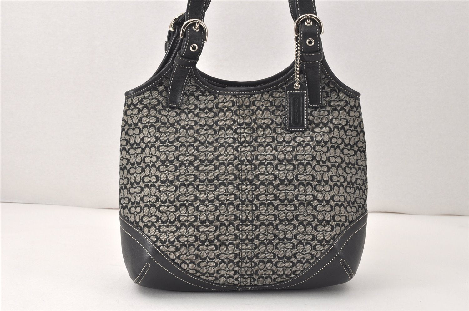 Authentic COACH Signature Shoulder Hand Bag Canvas Leather 7025 Black 4378K