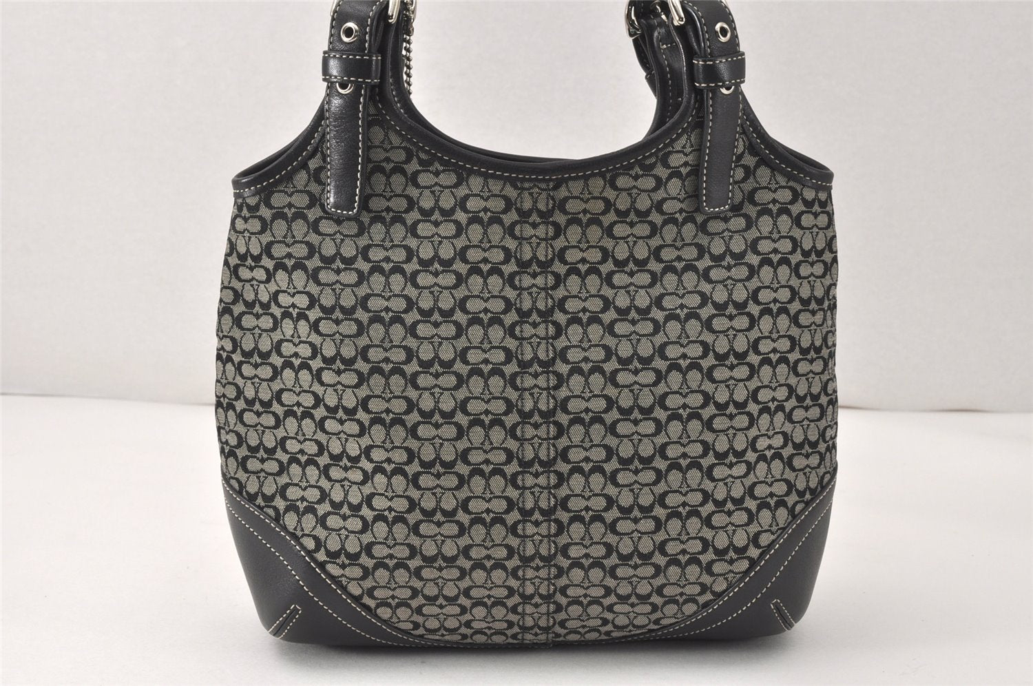 Authentic COACH Signature Shoulder Hand Bag Canvas Leather 7025 Black 4378K