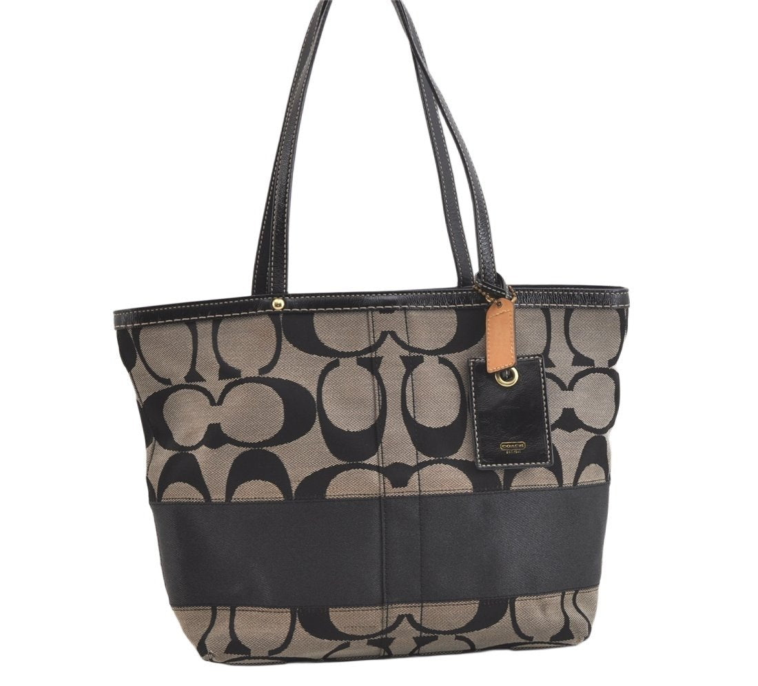Authentic COACH Signature Shoulder Tote Bag Canvas Leather 10124 Black 4379K