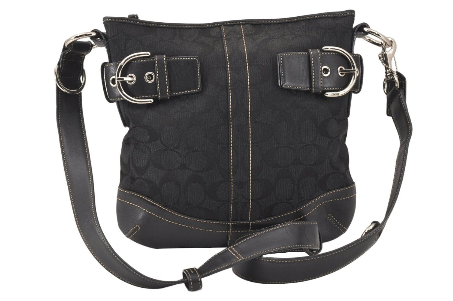 Authentic COACH Signature Shoulder Cross Bag Canvas Leather F03574 Black 4380K