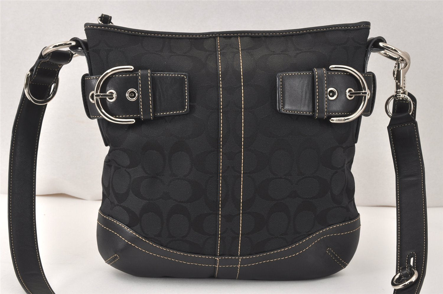 Authentic COACH Signature Shoulder Cross Bag Canvas Leather F03574 Black 4380K