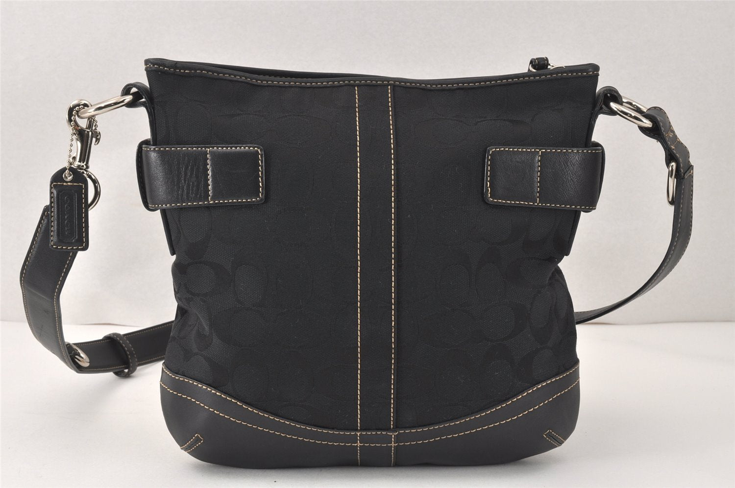 Authentic COACH Signature Shoulder Cross Bag Canvas Leather F03574 Black 4380K