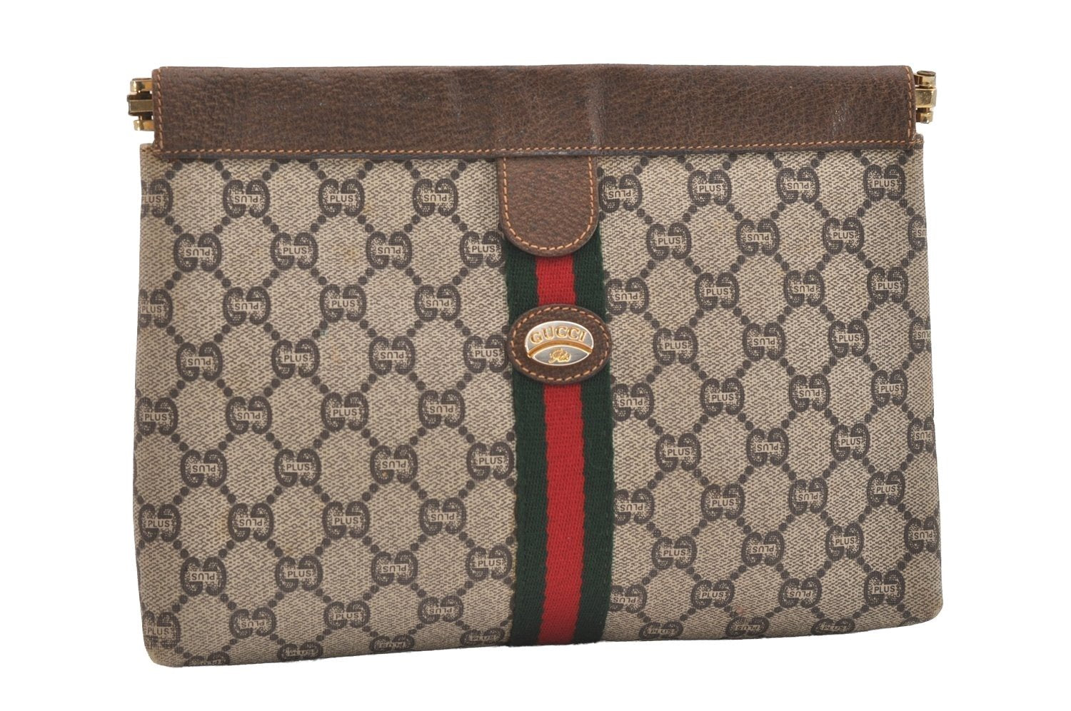 Authentic GUCCI Web Sherry Line GG Plus Clutch Bag PVC Leather Brown Junk 4385J