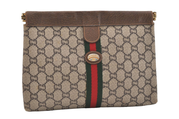 Authentic GUCCI Web Sherry Line GG Plus Clutch Bag PVC Leather Brown Junk 4385J