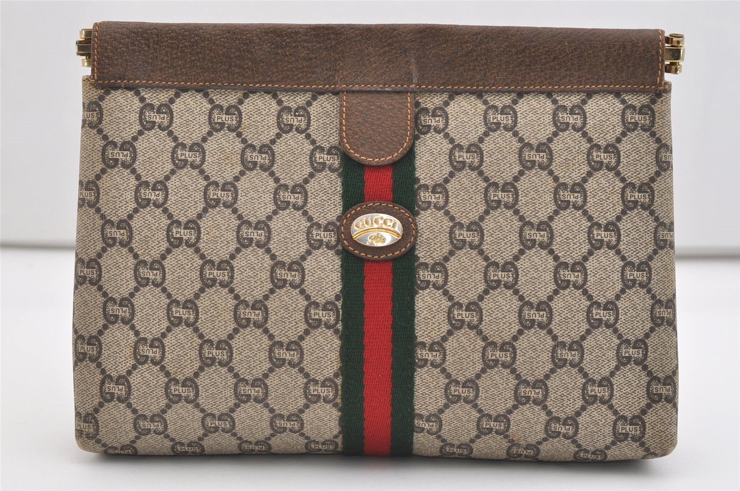 Authentic GUCCI Web Sherry Line GG Plus Clutch Bag PVC Leather Brown Junk 4385J