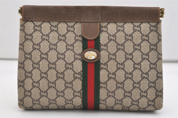 Authentic GUCCI Web Sherry Line GG Plus Clutch Bag PVC Leather Brown Junk 4385J