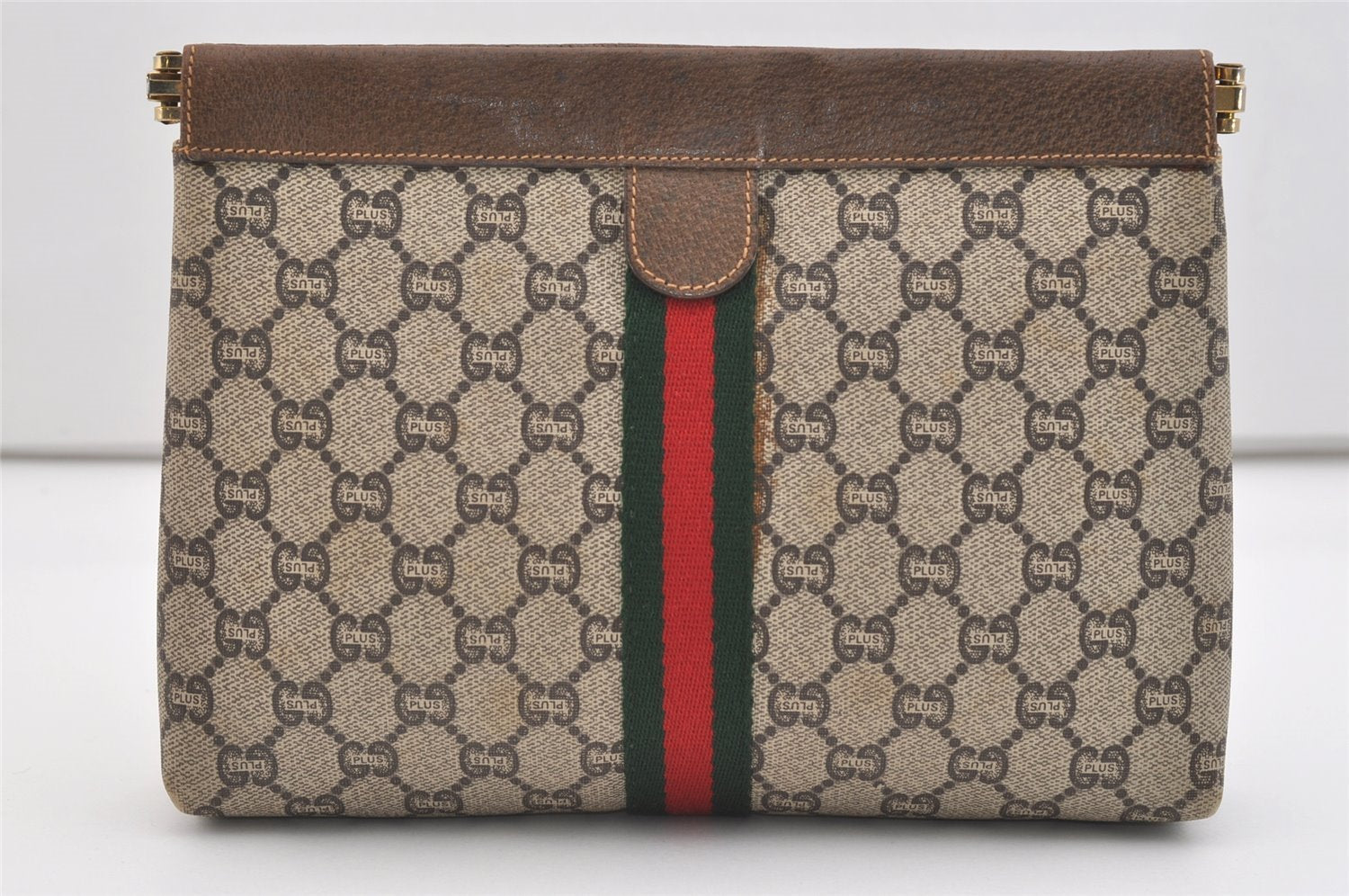 Authentic GUCCI Web Sherry Line GG Plus Clutch Bag PVC Leather Brown Junk 4385J
