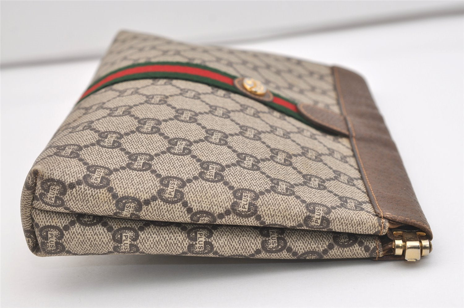 Authentic GUCCI Web Sherry Line GG Plus Clutch Bag PVC Leather Brown Junk 4385J