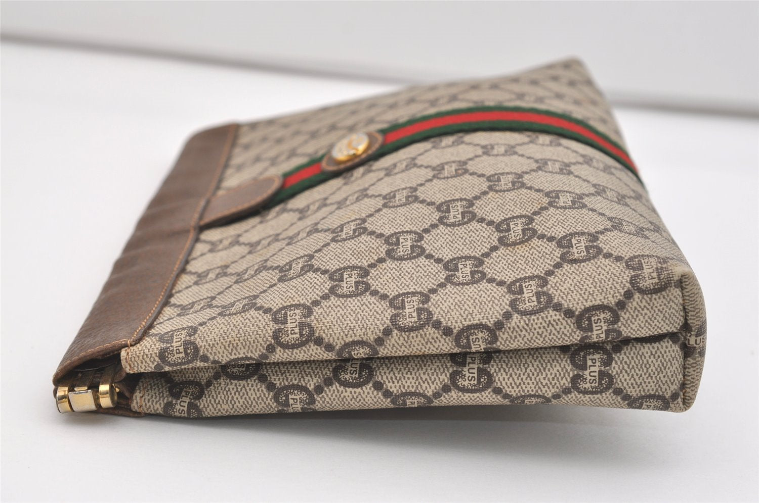 Authentic GUCCI Web Sherry Line GG Plus Clutch Bag PVC Leather Brown Junk 4385J