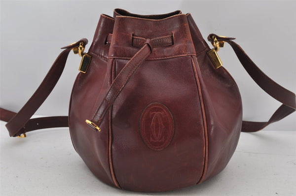 Authentic Cartier Must de Cartier Leather Drawstring Shoulder Bag Bordeaux 4385K