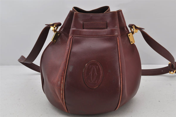 Authentic Cartier Must de Cartier Leather Drawstring Shoulder Bag Bordeaux 4385K