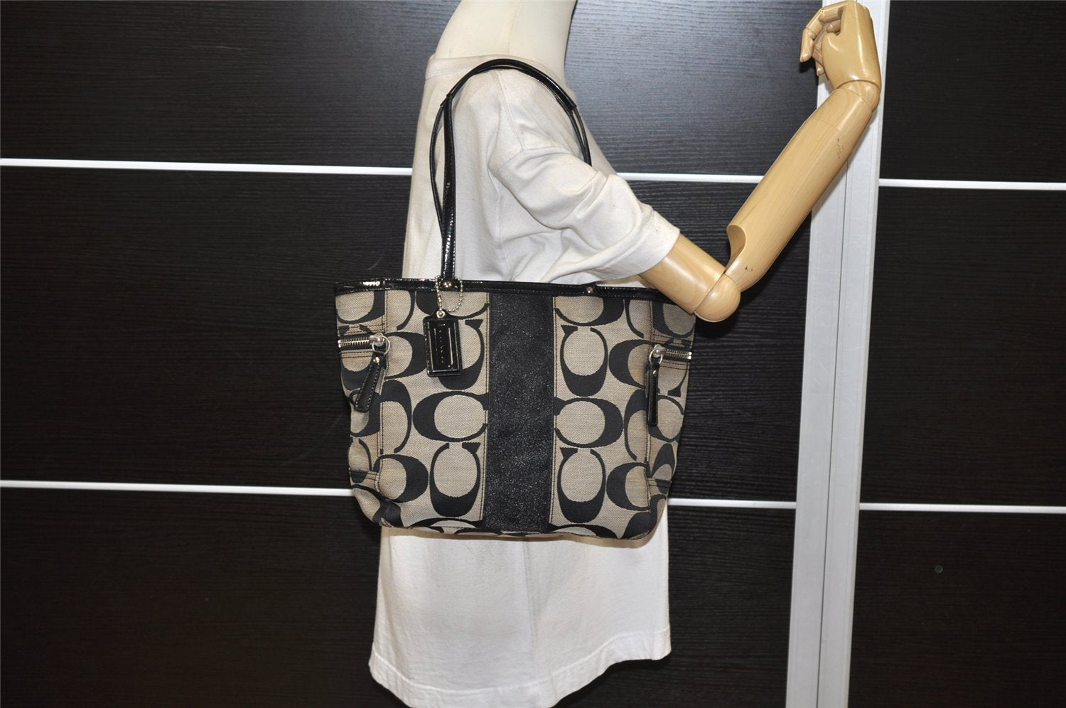 Authentic COACH Signature Shoulder Tote Bag Canvas Enamel 13280 Black 4386K