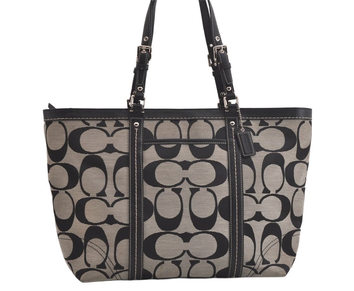 Authentic COACH Vintage Signature Shoulder Tote Bag Canvas Leather Black 4387K